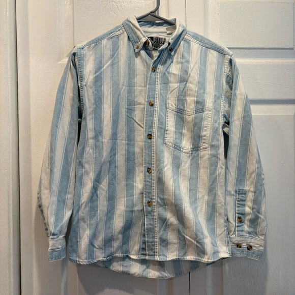 Vintage Blue & White Double Impact Striped Denim Like Button Down - Size Medium - Picture 1 of 6